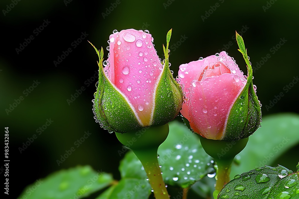 Pink rose buds in morning dew, their softness and delicate beauty enhanced by the glowing droplets