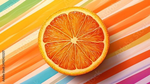A juicy orange slice sits on a vibrant striped background.
