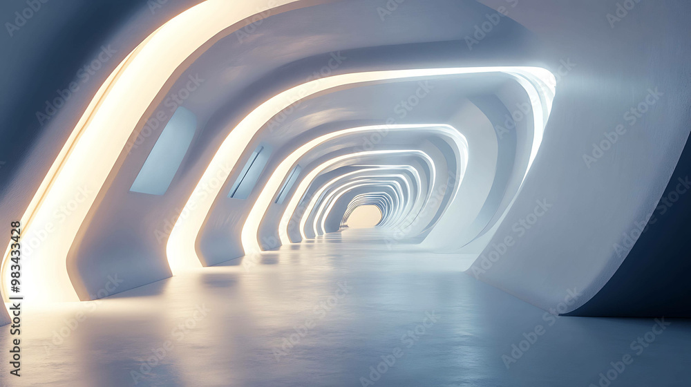 Fototapeta premium Futuristic and modern hallway with white curved walls and glowing lights.