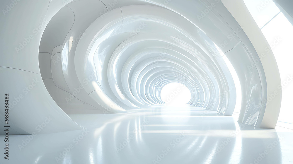 A futuristic, white, curved tunnel leading to a bright light. A futuristic, white, curved tunnel leading to a bright light.