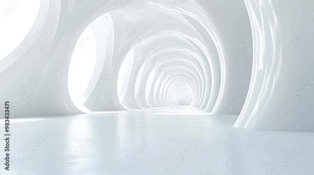 Fototapeta premium Abstract white hallway with curved walls and a light at the end.
