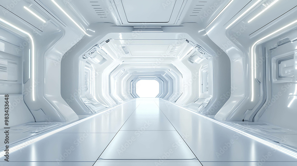 A white, futuristic hallway with glowing lights and a bright, white exit at the end. A white, futuristic hallway with glowing lights and a bright, white exit at the end.
