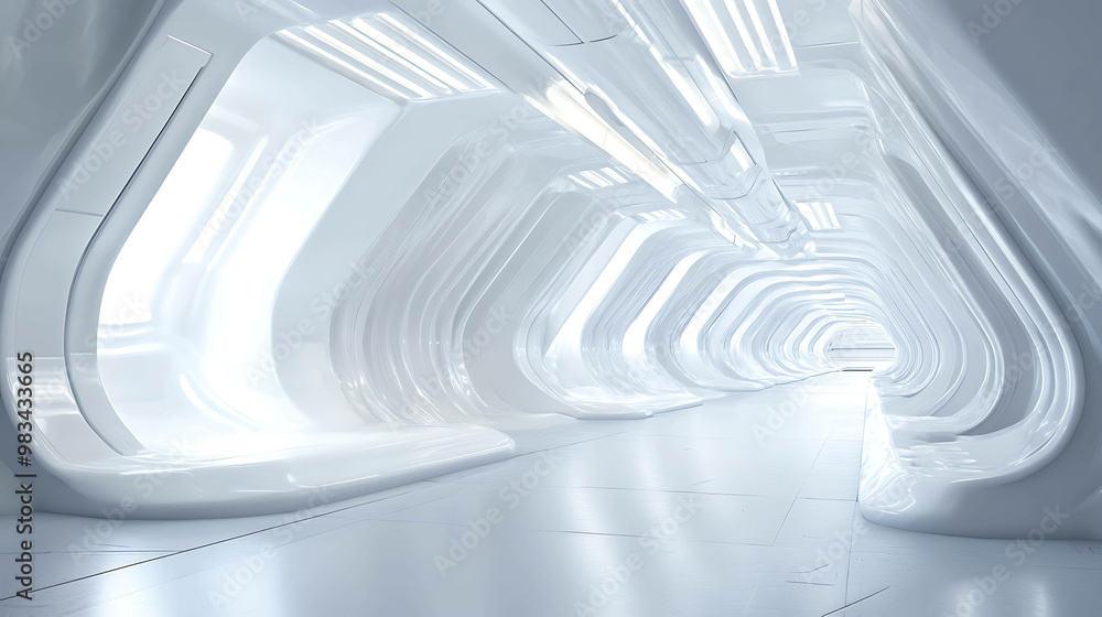 A futuristic white hallway with glowing lights. A futuristic white hallway with glowing lights.