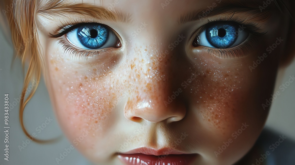Fototapeta premium A close-up portrait of a young girl with bright blue eyes and freckles.