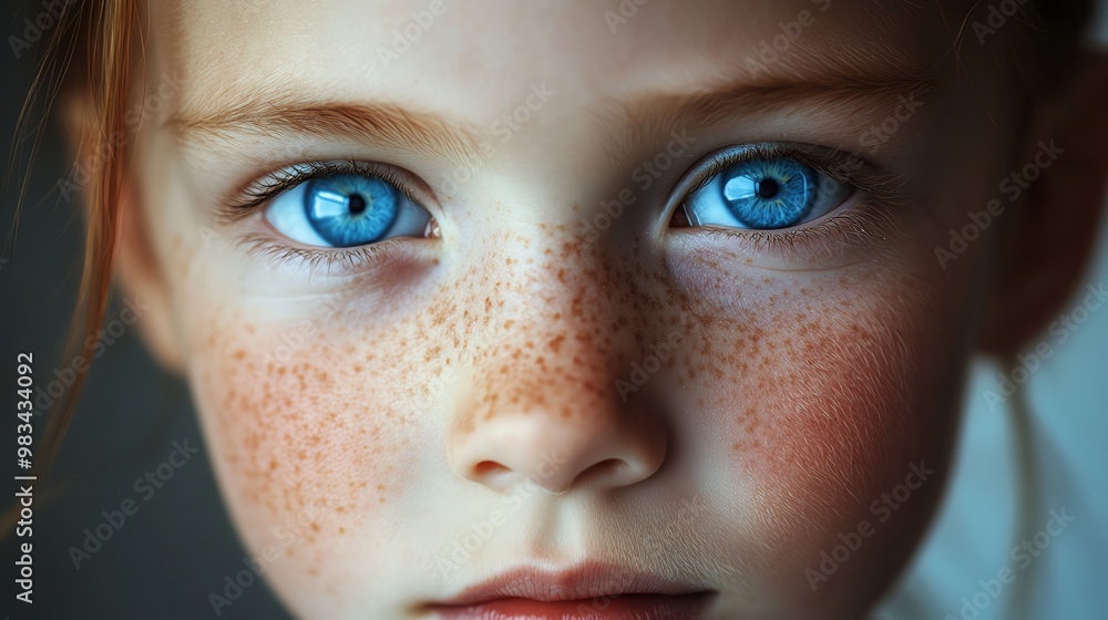 A close up portrait of a little girl with bright blue eyes and freckles. A close up portrait of a little girl with bright blue eyes and freckles.
