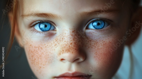 A close up portrait of a little girl with bright blue eyes and freckles.