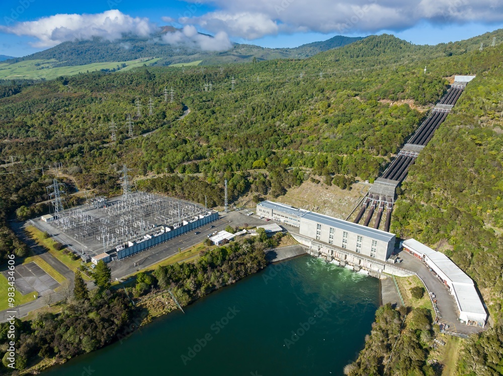 Fototapeta premium Tokanuu Power Station at the shore of Lake Taupo, Turangi, Waikato, New Zealand.