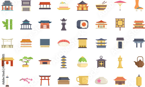 This image is filled with icons representing japanese culture, including travel destinations and cuisine