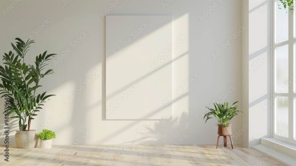 A white frame on a wall with plants. Home Office wall poster mockup. Interior mockup with office background. Modern interior design.