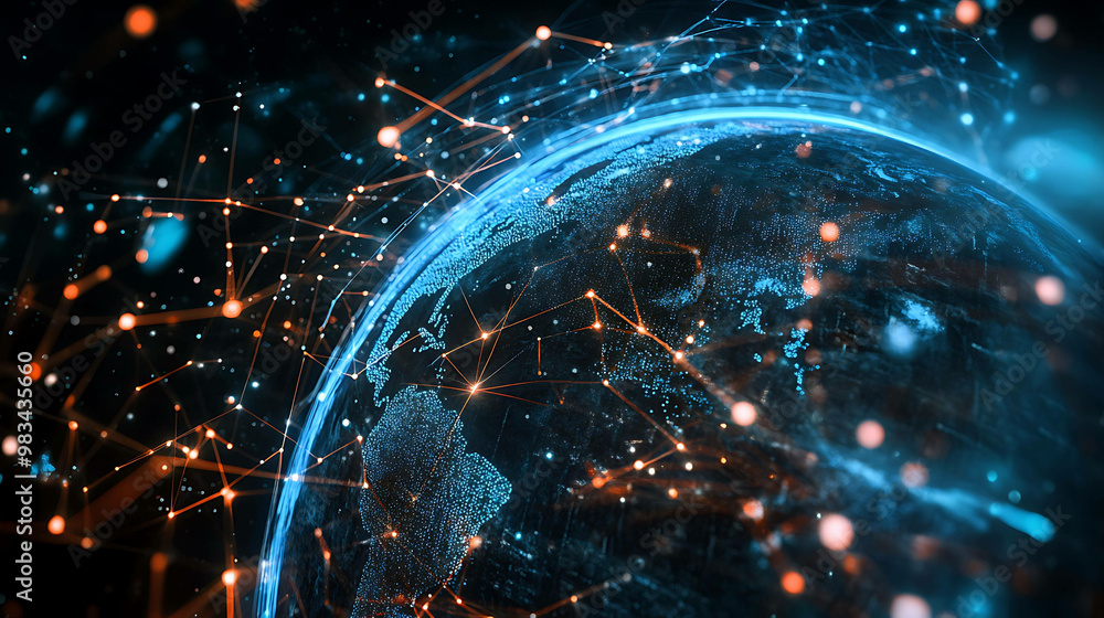 Digital rendering of Earth with glowing blue and orange lines showing global connectivity. Digital rendering of Earth with glowing blue and orange lines showing global connectivity.