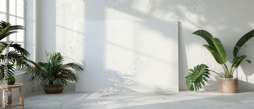 A white frame on a wall with plants. Interior mockup with office background. Modern interior design. 