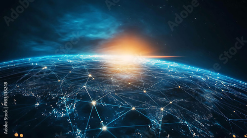 A glowing network of lines connecting a blue planet, with the sun rising in the background.
