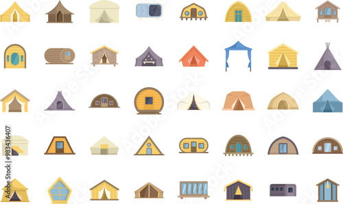 This set of camping tent icons showcases a variety of tent styles, perfect for representing camping, glamping, festivals, or travel accommodations