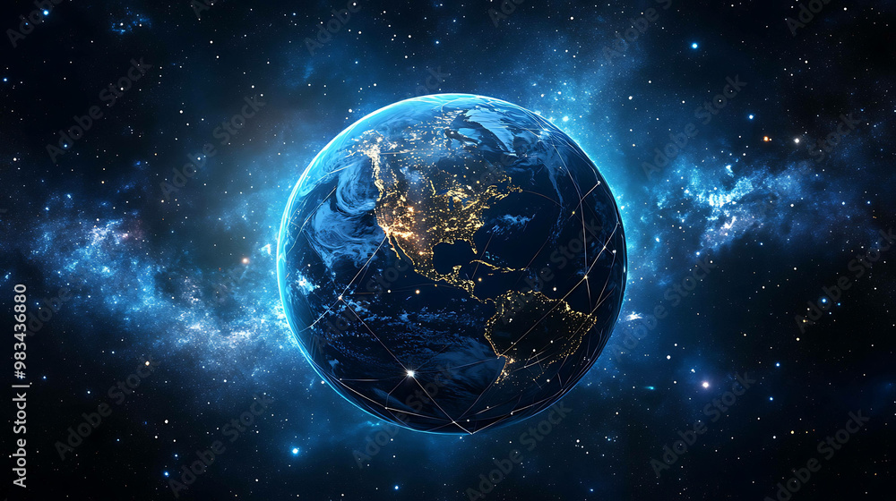 Naklejka premium A digital planet earth glowing in space with a starry background.