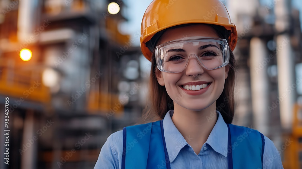 A smiling woman in safety gear at an industrial site, showcasing confidence and professionalism. A smiling woman in safety gear at an industrial site, showcasing confidence and professionalism.