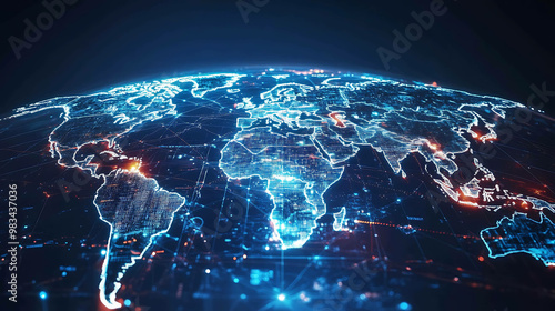 A digital representation of the Earth with glowing lines tracing the continents.