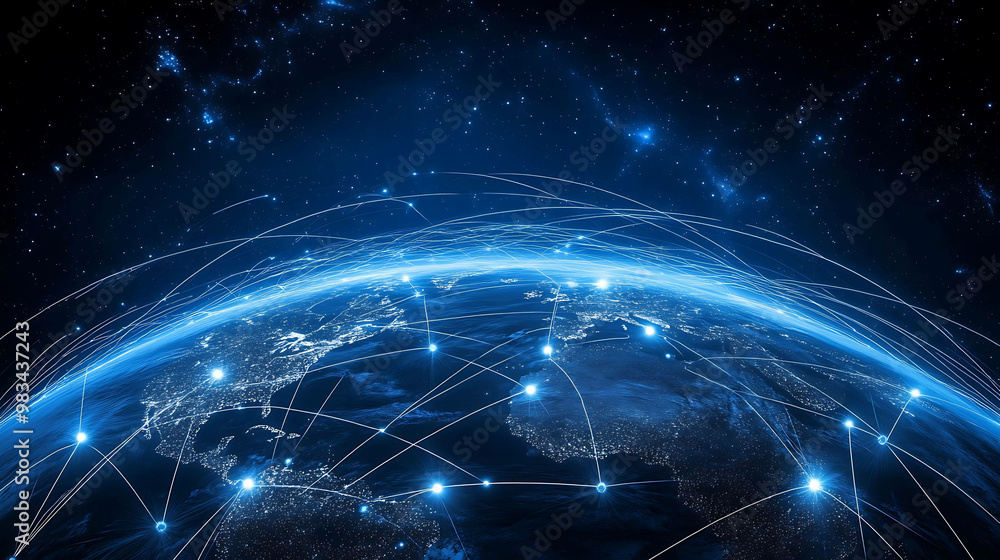 A global network connecting the world, glowing lines from space. A global network connecting the world, glowing lines from space.