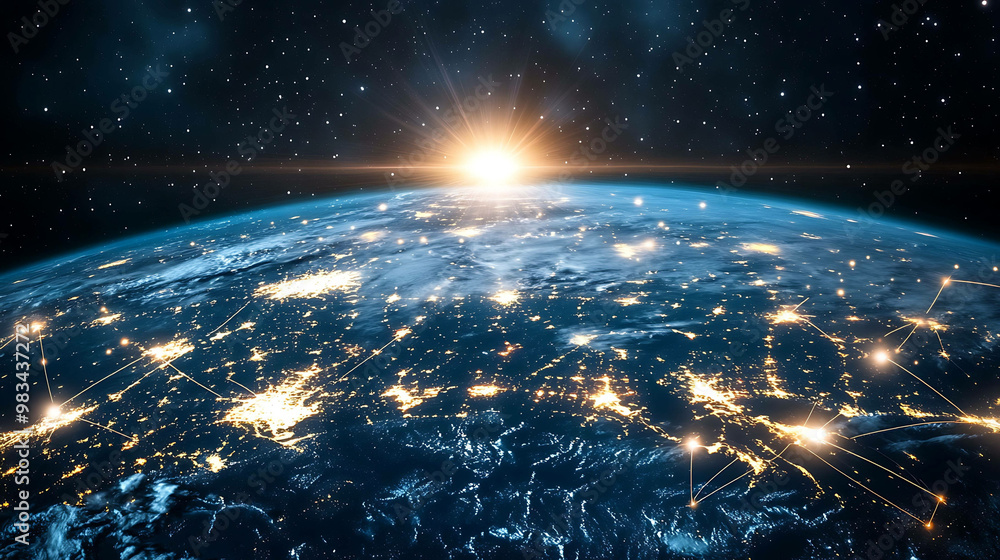 Earth from space showing glowing city lights with connected lines. Earth from space showing glowing city lights with connected lines.