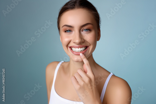 Whitening procedure, smiling girl, healthy smile, healthy teeth, satisfied woman sitting, professional doctor fixing teeth, whitening dental clinic, dental consultation, dentist showing,