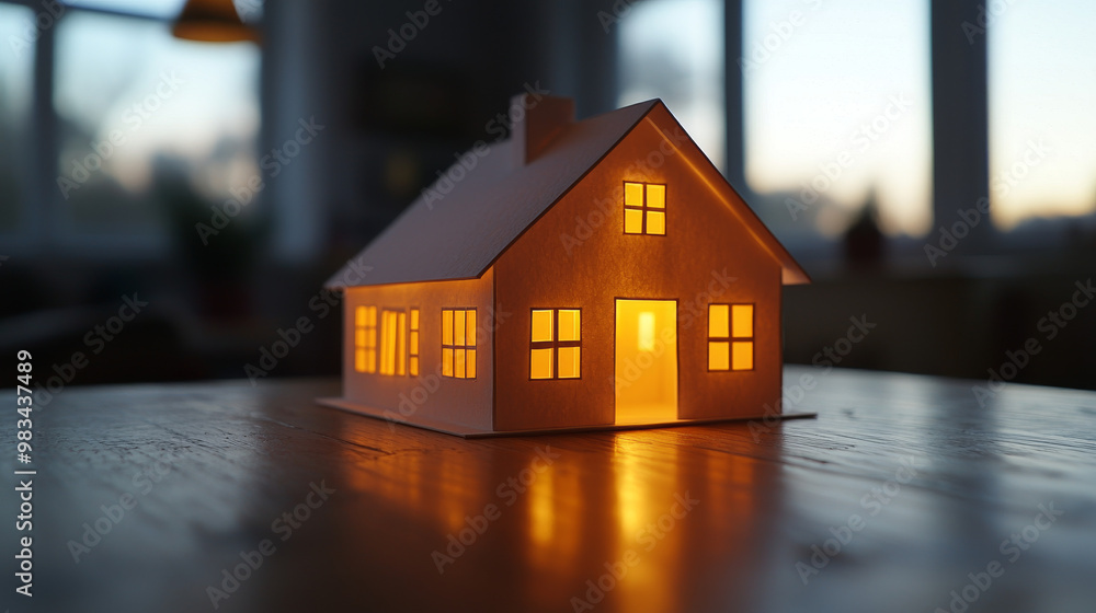 Paper house with lit windows on a wooden table Paper house with lit windows on a wooden table