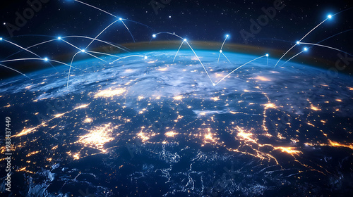 A nighttime view of earth from space with glowing lines and points representing a network.