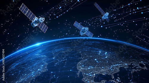 A digital illustration of Earth with glowing lines and multiple satellites orbiting it.