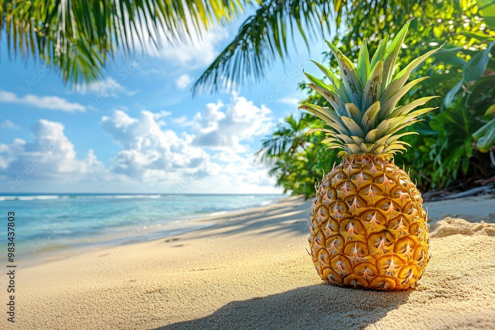 Ripe Pineapple on a Tropical Beach with Blue Sky and Ocean Ripe Pineapple on a Tropical Beach with Blue Sky and Ocean
