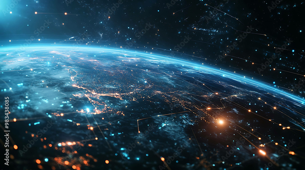 Obraz premium Earth glowing with city lights and lines of connection.