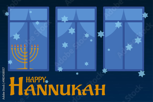 Jewish holiday Hanukkah (Jewish Festival of light) background with menorah (traditional candelabra). The Menorah in the window. Vector illustration