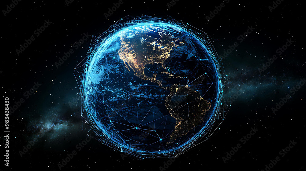 Obraz premium A digital network surrounds the Earth in space with stars and a galaxy in the background.