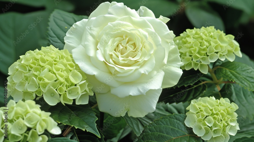 Blooming White Rose, Surrounded by Green Hydrangea Buds, Creates Stunning Floral Contrast. Blooming White Rose, Surrounded by Green Hydrangea Buds, Creates Stunning Floral Contrast.