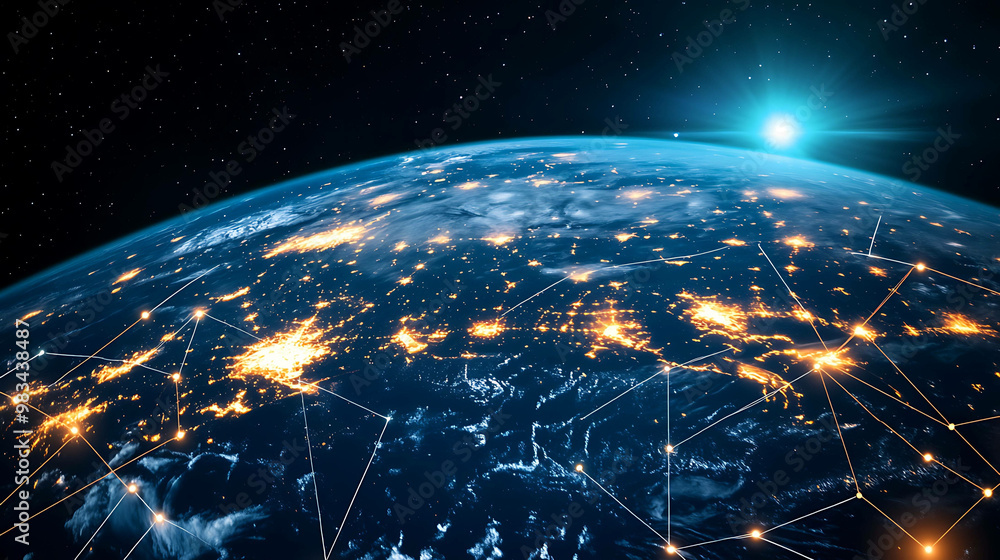 A futuristic depiction of a connected world, with glowing lines and dots representing network connections. A futuristic depiction of a connected world, with glowing lines and dots representing network connections.
