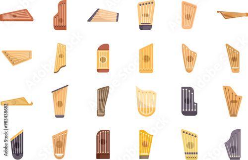 This set shows different types of gusli, a traditional slavic string instrument, typically played by plucking