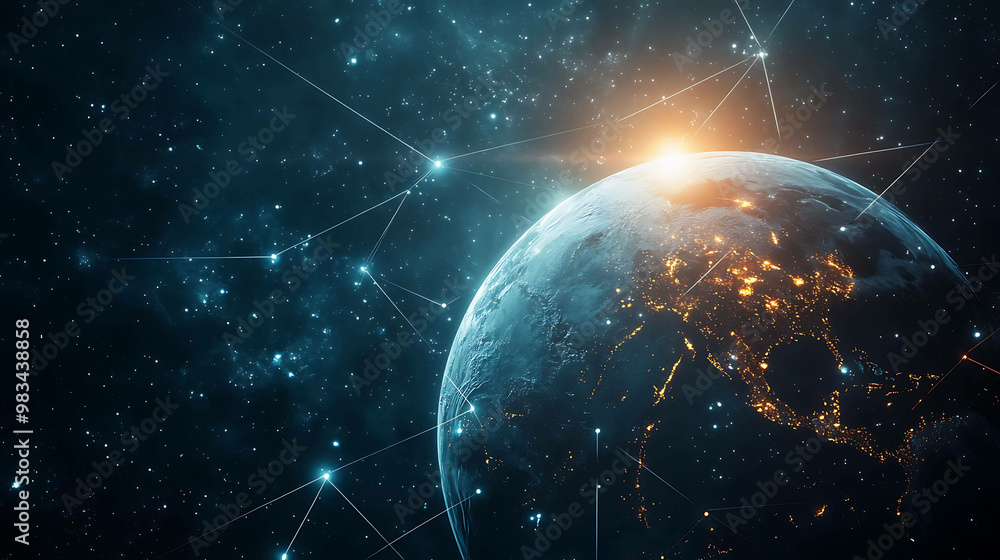 Obraz premium Earth seen from space, glowing with city lights, connected by lines.