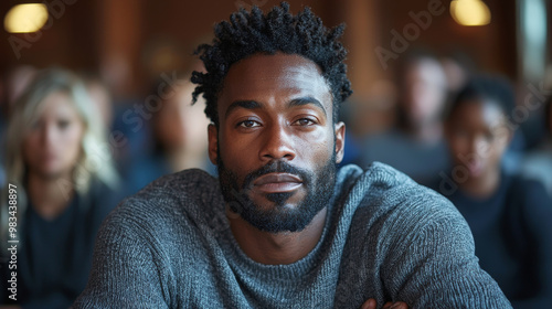 Young man with beard and curly hair looking at the camera.