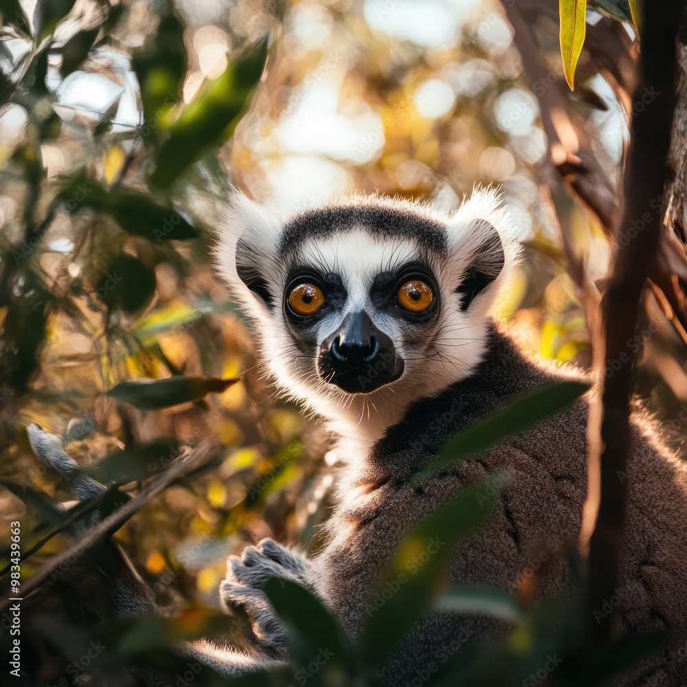 Curious Lemur Peeking Through Greenery Curious Lemur Peeking Through Greenery