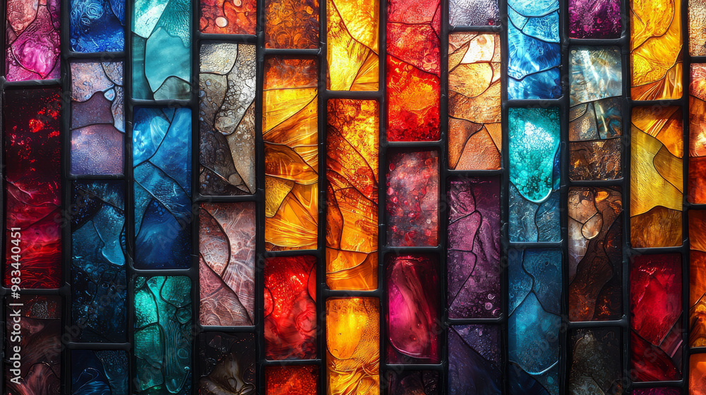 A close-up of colorful stained glass. A close-up of colorful stained glass.