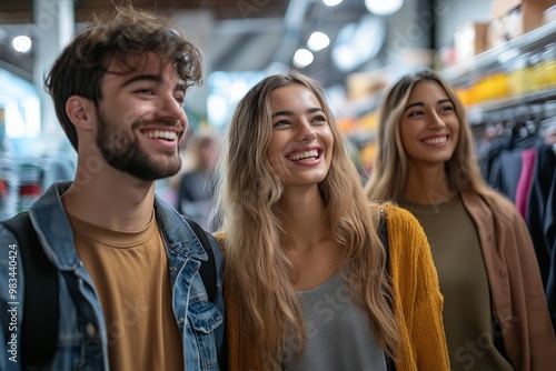 Wallpaper Mural smiling girl shopping in supermarket with friends on the blurred background Torontodigital.ca