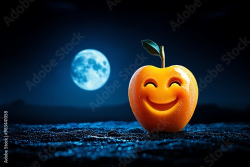 Spoopy candy apple, with a face carved into it, smiling under the moonlight photo