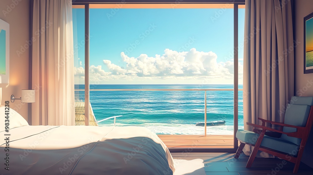 A bedroom with a large window overlooking a beautiful ocean view. A bedroom with a large window overlooking a beautiful ocean view.