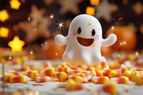 Spoopy candy corn dancing around a smiling ghost, with sparkles and stars floating in the air photo