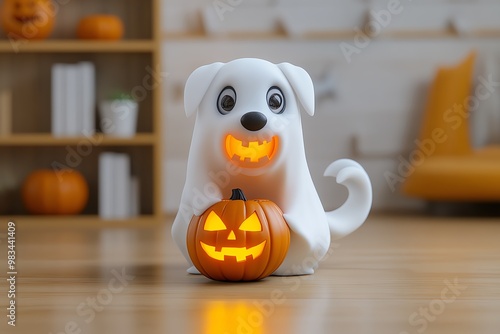 Spoopy ghost dog, wagging its tail, holding a glowing jack-oâ€™-lantern in its mouth photo