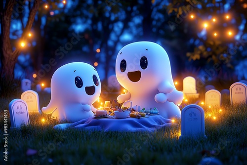 Spoopy ghost family having a picnic in a graveyard, with cute tombstones and twinkling lights around photo