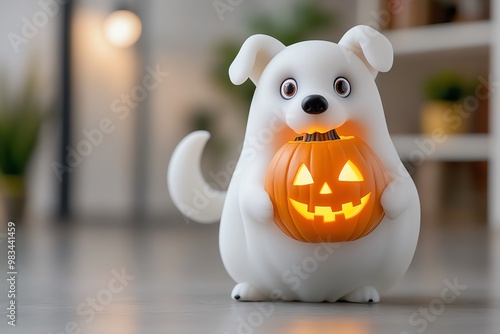 Spoopy ghost dog, wagging its tail, holding a glowing jack-oâ€™-lantern in its mouth photo