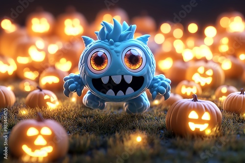 Spoopy eyeball monster with a friendly face, bouncing around in a field of glowing pumpkins photo