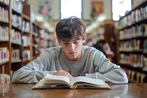 Caucasian teenage high school student reading a book in a library