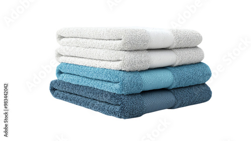 A stack of soft, colorful towels in shades of blue and white, perfect for bath or spa settings, showcasing luxury and comfort, Transparent background.