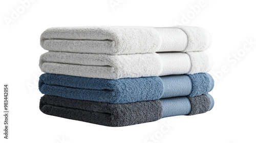 Stacked towels in various colors offering a touch of elegance and comfort for your bathroom decor, Transparent background. photo