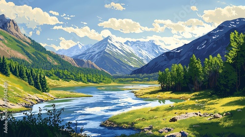 A river winds through a picturesque mountain valley under a blue sky with puffy clouds.