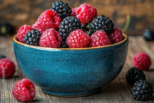 Raspberries and Blackberries in a Blue Bowl on a Wooden Table